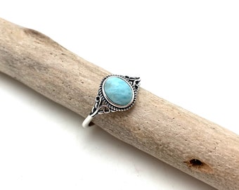 Larimar Ring, 925 Silver, Bali Vine Band