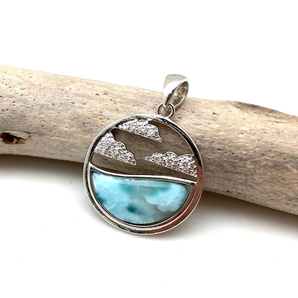 Pendentif en argent Larimar océan et nuages 25 mm // Pendentif vague Larimar // 925 sterling