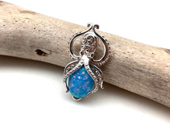 Opal Octopus Pendant Necklace / Lavender Blue Opal Octopus Kraken Pendant / Opal Pendant with Chain Option / 925 Sterling Silver
