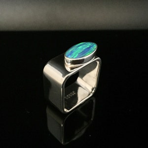 Aqua Blue Opal Silver Ring // 925 Sterling Silver // Fire Opal // Squared Silver Ring // Size 7