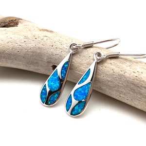 Blue Opal Long Teardrop Earrings / Blue Opal Stick Earrings / Blue Opal Dangly / October Birthstone / 925 Sterling Silver