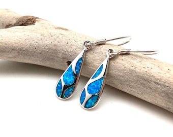 Blue Opal Long Teardrop Earrings / Blue Opal Stick Earrings / Blue Opal Dangly / October Birthstone / 925 Sterling Silver