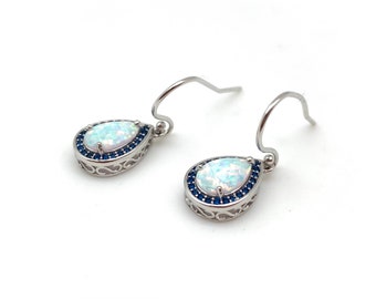 White Opal with Sapphire Earrings // White Teardrop Opal Silver Earrings // October Birthstone // Smooth Opal // 925 Sterling Silver