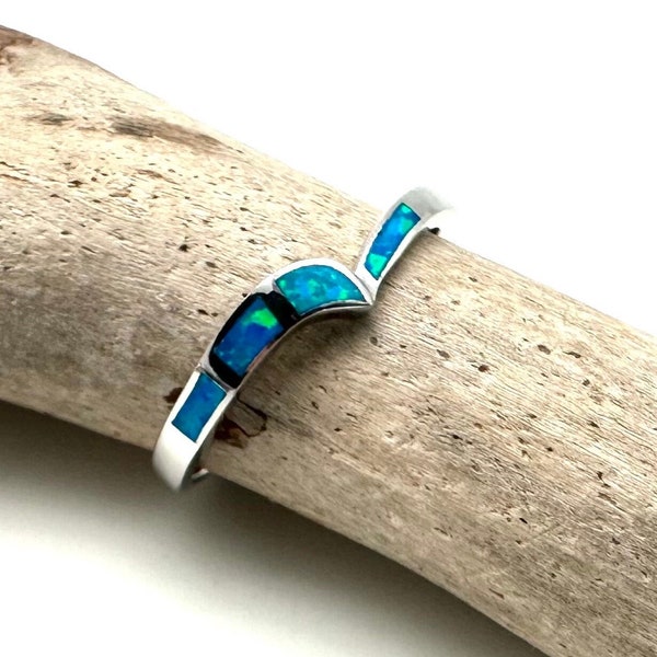 Blue Opal Wave Ring 4-10 / Blue Opal Minimalist Ring / Sterling Silver