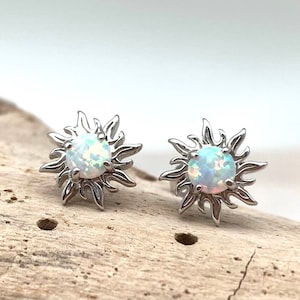 White Opal Sun Post Earrings // White Opal Sun Stud Earrings // White Opal Sun Earrings // 925 Sterling Silver // October Birthstone