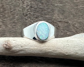 White Opal Signet Ring 5-10 - 925 Sterling Silver - Modern Simple Opal Ring - Silver Band with Opal - Men Women Opal Ring - Minimalist