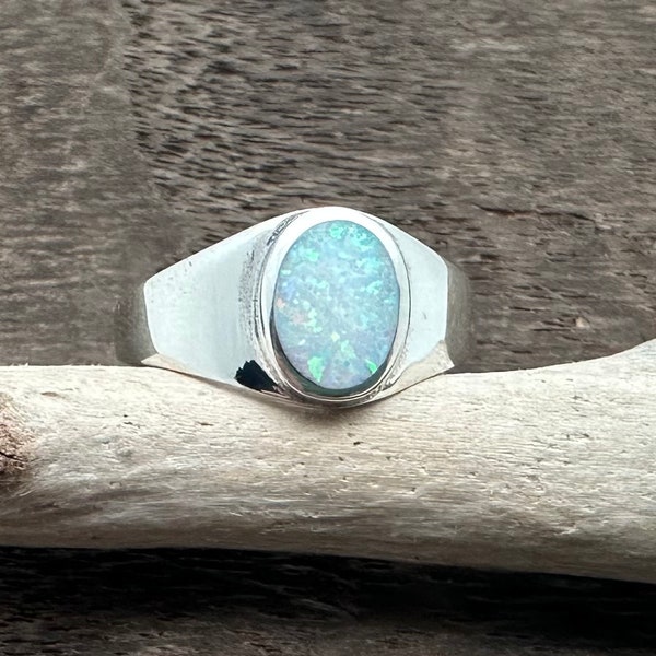 White Opal Signet Ring 5-10 - 925 Sterling Silver - Modern Simple Opal Ring - Silver Band with Opal - Men Women Opal Ring - Minimalist