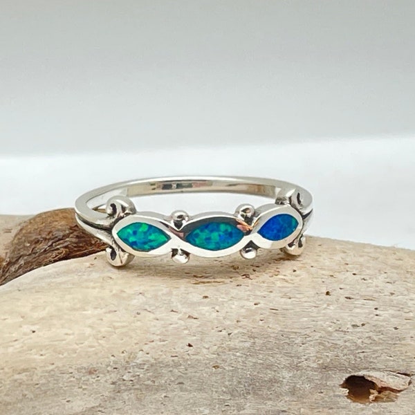 Multi Stone Blue Opal Silver Band Ring, 925 Sterling Silver, Size 5 to 10