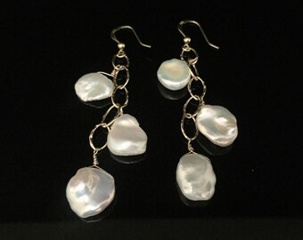Long Gold Fill Freshwater Pearl Earrings, Wire Wrapped