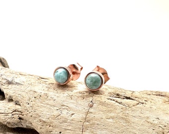May include: A pair of rose gold stud earrings featuring a light blue gemstone. The earrings are displayed on a piece of driftwood.