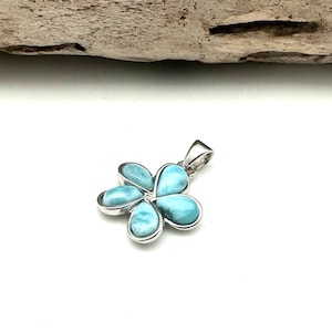 Larimar Plumeria Silver Pendant // Larimar Flower Necklace Charm // Aqua Blue Larimar // 925 sterling Silver