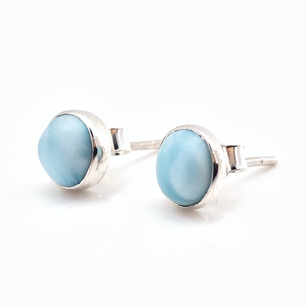 Larimar Stud Earrings // Round Silver Setting // Post Backings // 7mm Diameter // Larimar Jewelry