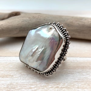 Freeform Pearl Silver Bead Ring size 7 // Freeform Pearl Statement Silver Ring // Beaded Square Silver Ring // Japanese Pearl // 925 Silver