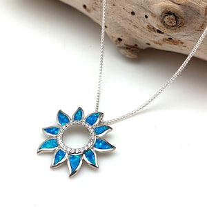 Opal Sun Flower Pendant Necklace / Blue Opal Silver Sun Flower / Blue Opal Pendant 25mm with  18&quot; Chain Option / Blue Opal Sterling Silver