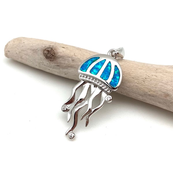 Opal Jellyfish Pendant Necklace / Blue Opal Jellyfish Pendant / Blue Opal Pendant with Chain Option / Blue  Opal 925 Sterling Silver