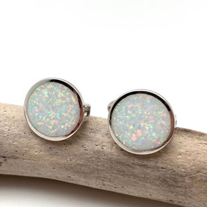 White Opal Silver Post Earrings / White Opal Circle Post 12mm / White Opal Studs / October Birthstone / 925 Sterling Silver