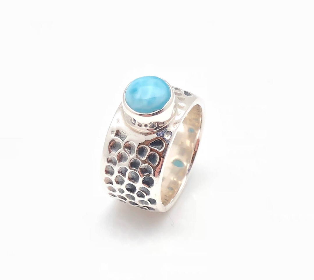 Wide Band Larimar Ring // 925 Sterling Silver // Oxidized Textured ...