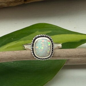 Silver Opal Rope Ring // White Opal Rectangle 15mm // 925 Sterling