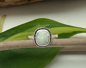 Silver Opal Rope Ring // White Opal Rectangle 15mm // 925 Sterling