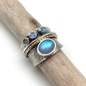 Moonstone Silver Ring Size 7, 8 // Rainbow Moonstone Cigar Ring // Moonstone Statement // Blue Moonstone // 925 Sterling Silver, 18k Plate