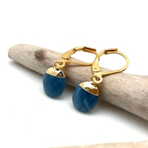 Könnte beinhalten: Ein Paar goldene Ohrringe mit blauen Edelstein-Tropfen. Die Ohrringe liegen auf einem Stück Treibholz.