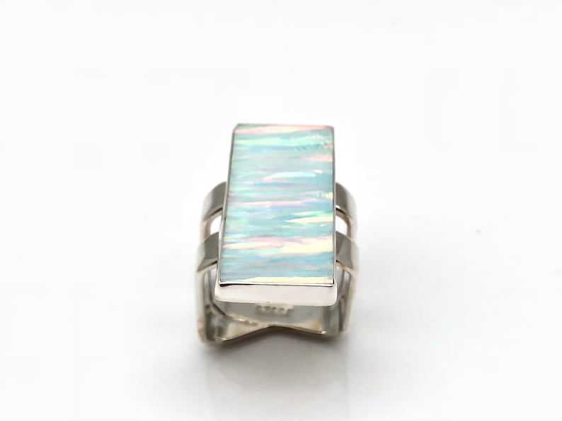 Size 8 Opal Ring Silver Opal Ring Double Band Rectangular Setting Opal Jewelry