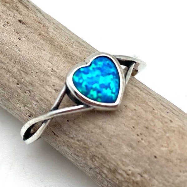 Blue Opal Heart Ring 4-10, 925 Sterling Silver, Blue Opal Ring