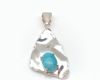 Larimar Pendant - Sterling Silver -Textured Triangle Setting - Silver Larimar Pendant