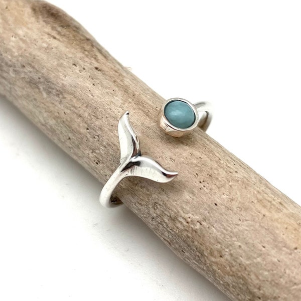 Larimar Whale Tail Silver Ring Size 5-10 / Larimar Silver wrap Ring / Minimalist Larimar Ring / Sea Life Ring / 925 Sterling Silver