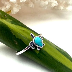 Peut inclure: Bague en argent avec un motif de tortue turquoise. La tortue a un cadre argenté détaillé et une pierre turquoise en forme de goutte. La bague est présentée sur une feuille verte avec des accents blancs et jaunes.
