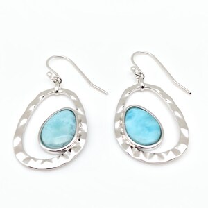 Larimar Earrings // 925 Sterling Silver // Hammered Oval Design // Genuine Larimar Earrings // Hammered Larimar Earrings