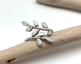 Weißer Opal Blatt Ring / Weißer Opal Rebe Silber Ring / Weißer Opal Ring / Perlen Rebe Ring Größe 5, 6, 8, 9, 10 / Sterling Silber