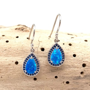 Blue Opal with Sapphire Earrings // Blue Teardrop Opal Silver Earrings // October Birthstone // Smooth Opal // 925 Sterling Silver