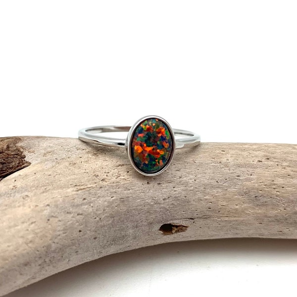 Black Opal Ring size 5-9 - 925 Sterling Silver - Black Opal Minimalist Ring 8mm