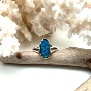 Blue Opal Simple Ring // Minimalist White Opal Ring // 925 Sterling Silver // Sizes 4 to 10