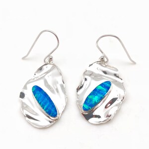 Blue Opal Earrings // 925 Sterling Silver // Lightly Hammered Oval Setting // Opal Earrings