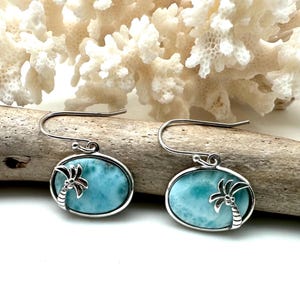 Larimar Palm Tree Earrings // Beach Tropical Palm Tree Natural Larimar Silver Earrings // Whimsical Larimar Gift // 925 Sterling Silver