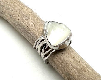 Pearl Ring Size 7 // Multi Band Silver Pearl Ring // Freshwater Pearl Ring // Pearl Ring // 925 Sterling Silver