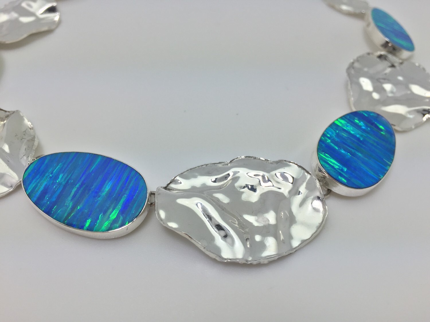 Opal Statement Necklace // Blue Opal Necklace // Hammered Oval Etsy