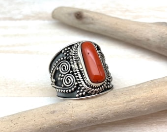 Red Bamboo Coral Ring, Bali Sterling Silver Band - Size 8
