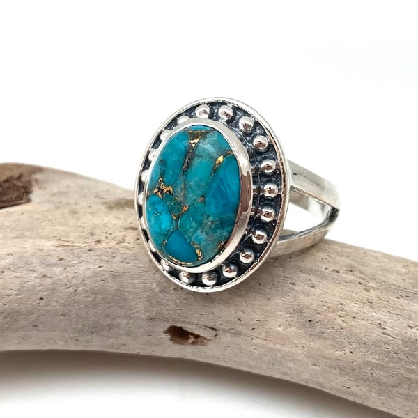 Bague turquoise taille 7 // Argent sterling 925 // Bague turquoise en argent // Bague veines de cuivre turquoise naturelle // Sertissage rond en perles