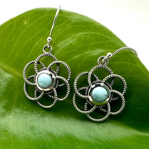 Larimar Earrings // 925 Sterling Silver // Circular Flower Setting // Hook Wires // Dangly Larimar Earrings