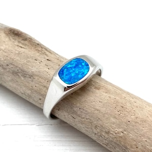 May include: A silver ring with a blue opal gemstone. The ring is set on a piece of driftwood.