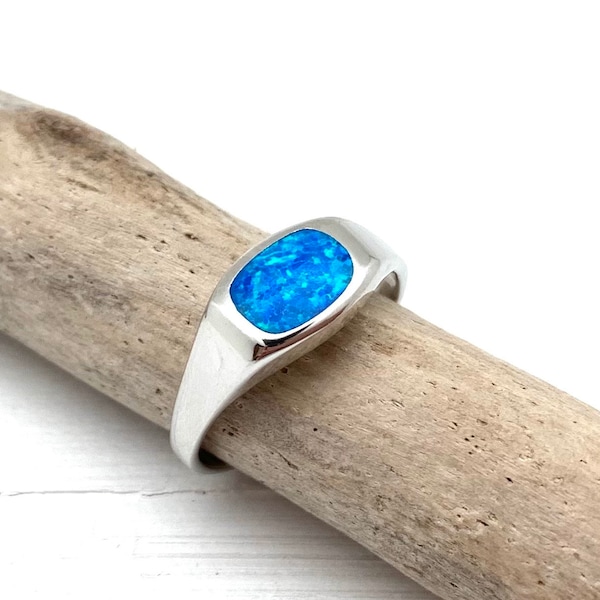 Blue Opal Signet Silver Ring 5, 6, 7, 8, 9, 10 // Blue Opal Minimalist Ring // Men's Women's Best Selling // 925 Sterling Silver