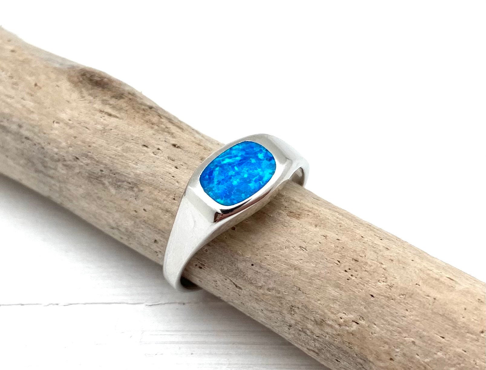 Blue Opal Signet Silver Ring 5, 6, 7, 8, 9, 10 // Blue Opal