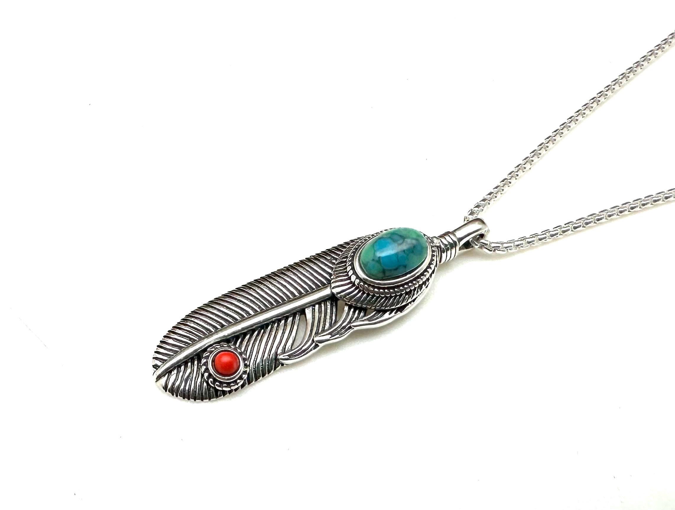 Turquoise Coral Feather Necklace, 925 Sterling, With 18