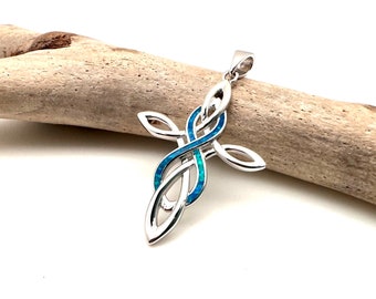 Blue Opal Cross Pendant 35mm // Infinity Blue Opal Cross Pendant // Celtic Opal Cross // 925 Sterling