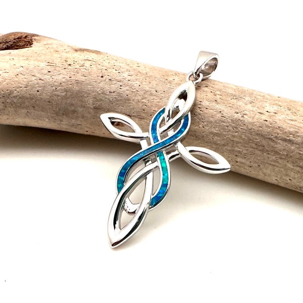 Blue Opal Cross Pendant 35mm // Infinity Blue Opal Cross Pendant // Celtic Opal Cross // 925 Sterling