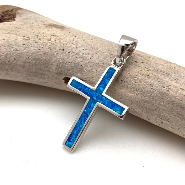 Blue Opal Cross Pendant // Simple Blue Opal Silver Cross Pendant // Modern Minimalist Opal Necklace // Blue Opal // Sterling Silver