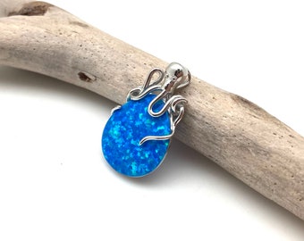 Blue Opal Octopus Pendant // Octopus Silver Pendant // Octopus Opal Necklace // 925 Sterling Silver // Box Chain Option